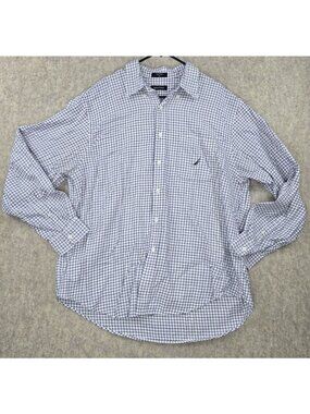 Nautica Men's Button Down Shirt White & Navy Checkered Pattern Size XL Cotton